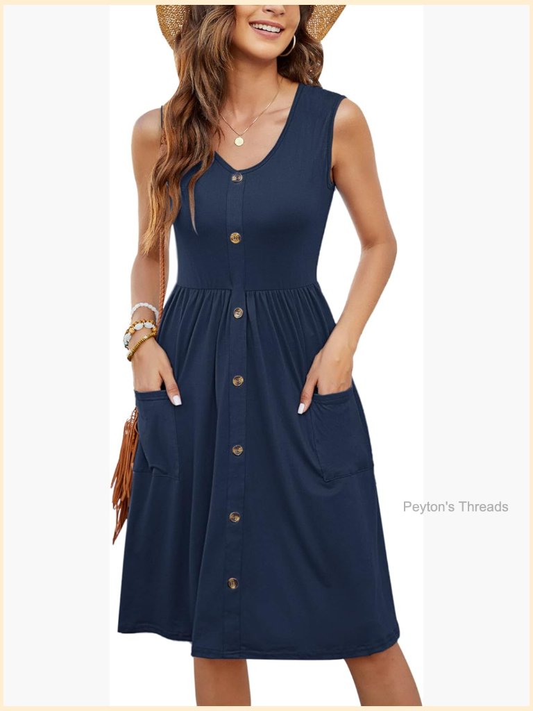 Sleeveless Button Down Swing Midi Dress With Pockets